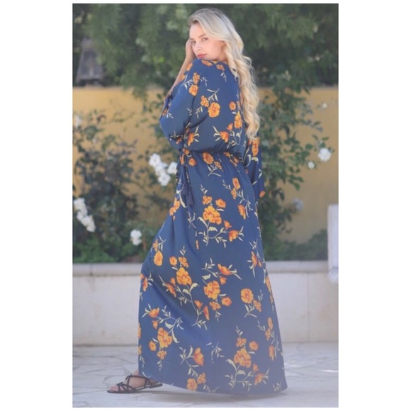 CLEARANCE . Navy Floral Kimono Tie Front Tassel Maxi Dress - Picture 7 of 7